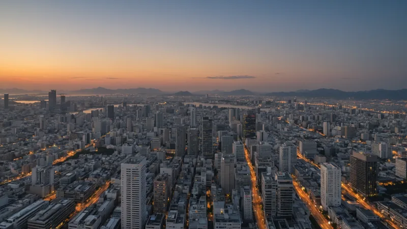 Fukuoka city skyline with robotics startup event space in foreground